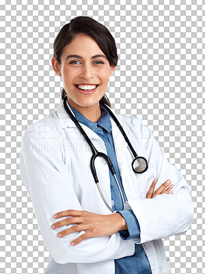 Buy stock photo Happy, doctor with stethoscope and arms crossed, healthcare and confidence isolated on transparent png background. Portrait, female person in medicine and cardiovascular surgeon with health and smile