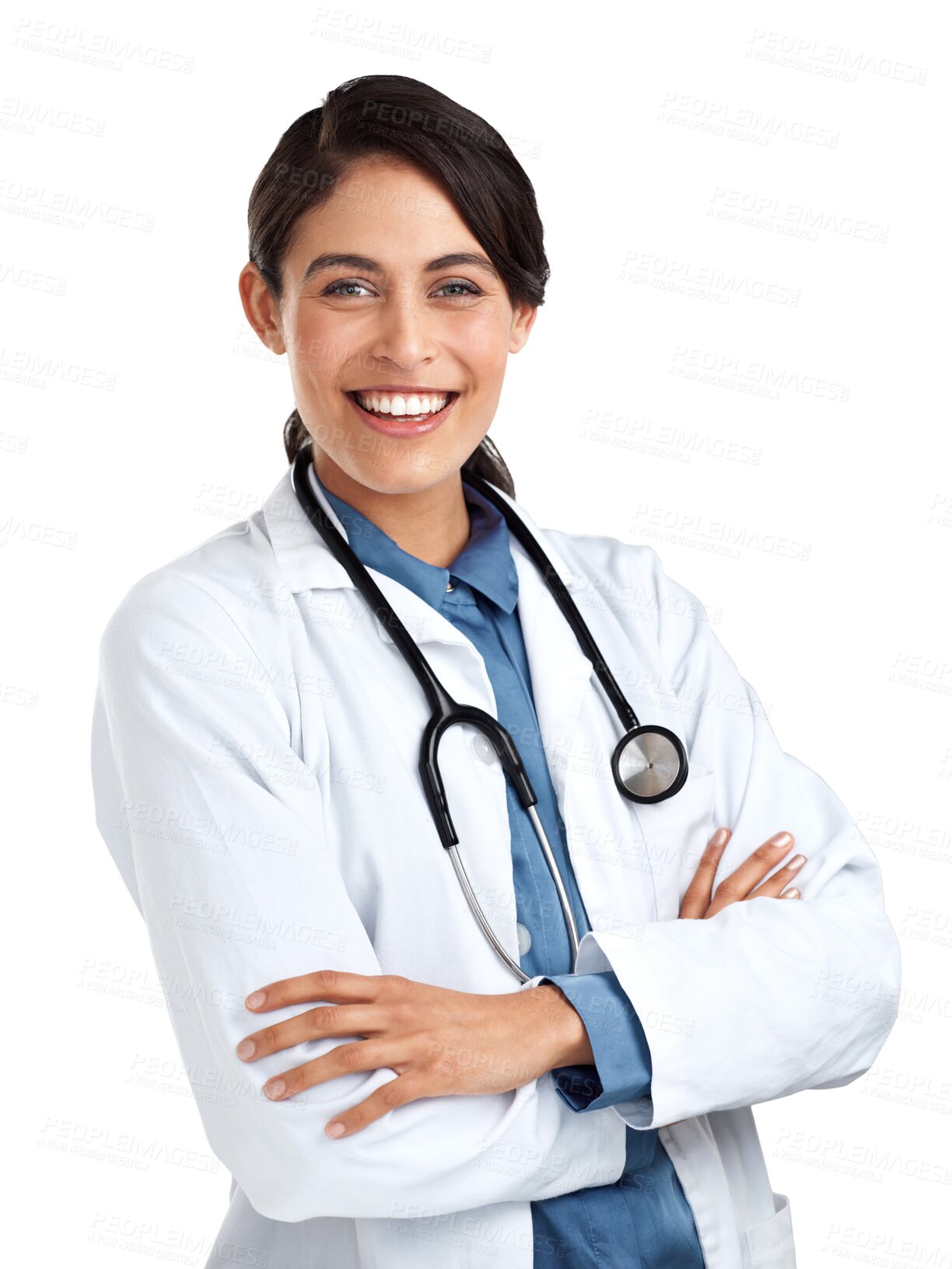 Buy stock photo Happy, doctor with stethoscope and arms crossed, healthcare and confidence isolated on transparent png background. Portrait, female person in medicine and cardiovascular surgeon with health and smile