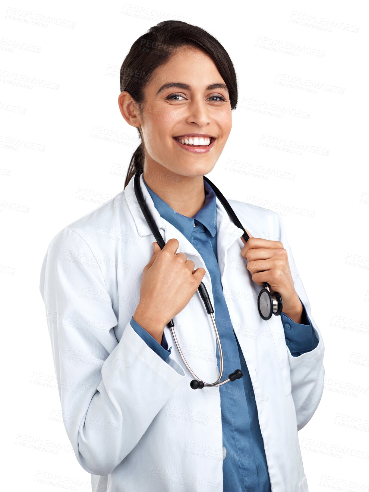 Buy stock photo Woman, doctor in portrait with stethoscope and happy in healthcare isolated on transparent png background. Medical professional, female hospital staff and cardiovascular surgeon with confidence