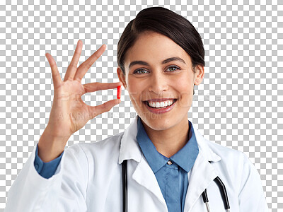 Buy stock photo Portrait, pill and healthcare with a doctor woman isolated on a transparent background for medication. Tablet, medical and smile with a happy female medicine professional on PNG holding a cure