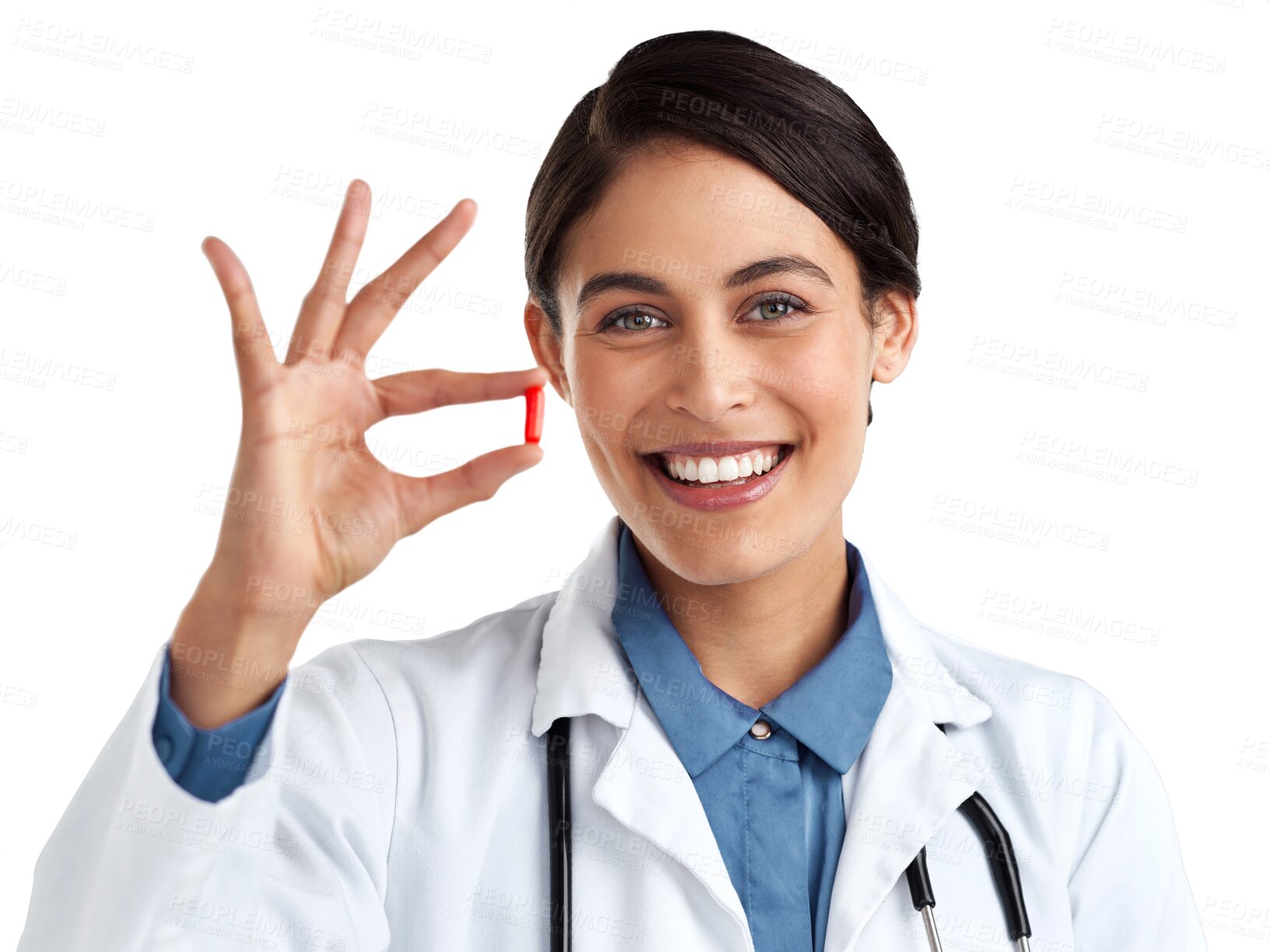 Buy stock photo Portrait, pill and healthcare with a doctor woman isolated on a transparent background for medication. Tablet, medical and smile with a happy female medicine professional on PNG holding a cure