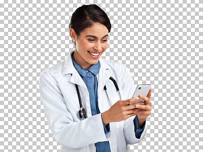 Buy stock photo Phone, woman and happy doctor with app isolated on a transparent png background. Smartphone, telehealth and female medical professional typing wellness email, online consultation or mobile healthcare