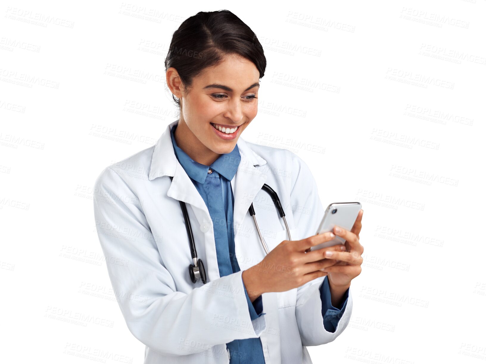 Buy stock photo Phone, woman and happy doctor with app isolated on a transparent png background. Smartphone, telehealth and female medical professional typing wellness email, online consultation or mobile healthcare