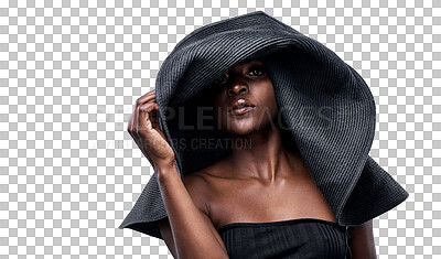 Buy stock photo Isolated black woman, hat and fashion portrait with art deco, aesthetic and mystery by transparent png background. Young African girl, model and beauty with futuristic design, makeup and clothes 