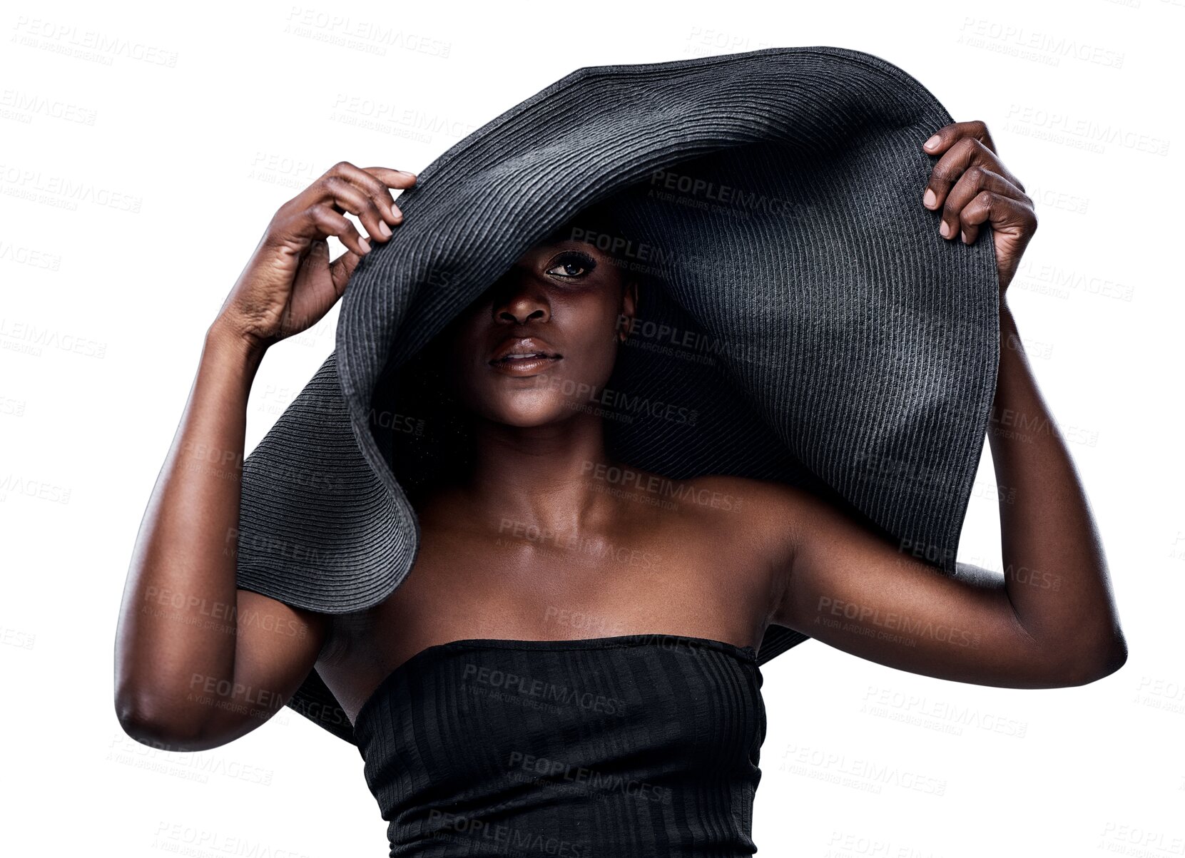 Buy stock photo Beauty, fashion and natural with black woman and sunhat on transparent background for glamour, vacation and makeup. Tropical, african and style with person isolated on png for cosmetics and creative