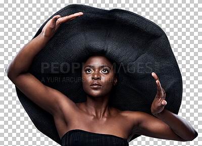 Buy stock photo Beauty, fashion and big hat with black woman and on transparent background for glamour, vacation and makeup. Tropical, african and style with face of person isolated on png for cosmetics and creative