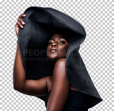 Buy stock photo Beauty, fashion and portrait with black woman and sunhat on transparent background for glamour, vacation and makeup. Tropical, african and style with person isolated on png for cosmetics and creative