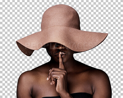 Buy stock photo Finger, lips and woman in fashion hat isolated on transparent, png background in creativity and mystery. Silence, privacy and whisper of african model for gossip, style or summer secret in emoji hand