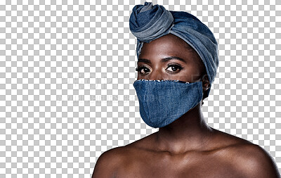 Buy stock photo African woman, fashion and portrait in a mask, denim and head wrap with natural beauty on transparent, isolated or png background. Face, style or black person with scarf and cover for hair and health