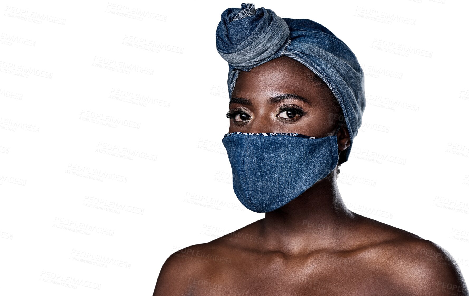 Buy stock photo African woman, fashion and portrait in a mask, denim and head wrap with natural beauty on transparent, isolated or png background. Face, style or black person with scarf and cover for hair and health