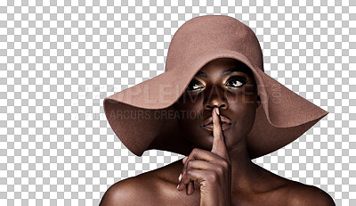 Buy stock photo Fashion, silent and hat with a model black woman isolated on transparent background for a style secret. Beauty, gossip or mystery with an attractive young female person in fashionable headwear on PNG