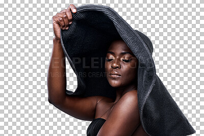 Buy stock photo Beauty, fashion and skincare with black woman and sunhat on transparent background for glamour, vacation and makeup. Tropical, african and style with person isolated on png for cosmetics and creative