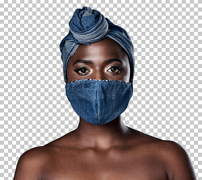 Buy stock photo Fashion, African woman and portrait in a mask, head wrap and natural beauty on transparent, isolated or png background. Face, style or black person with denim scarf and cover for hair and health