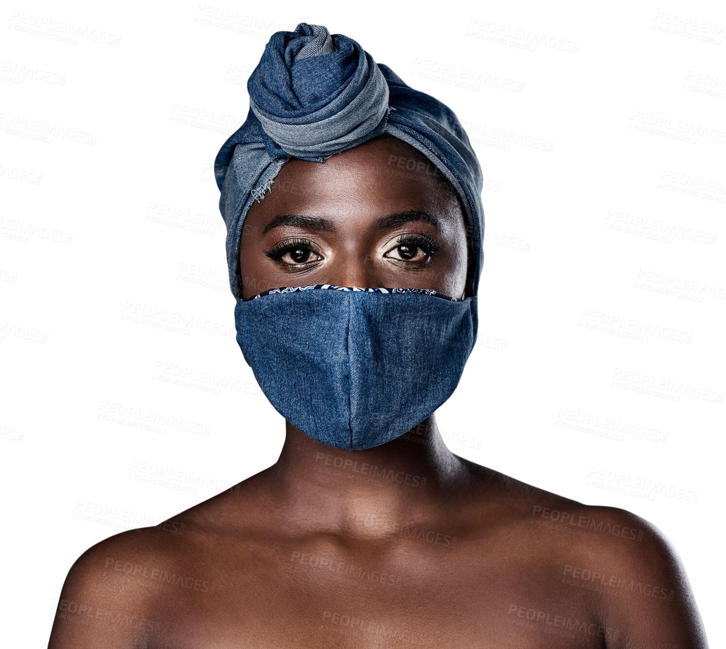 Buy stock photo Fashion, African woman and portrait in a mask, head wrap and natural beauty on transparent, isolated or png background. Face, style or black person with denim scarf and cover for hair and health