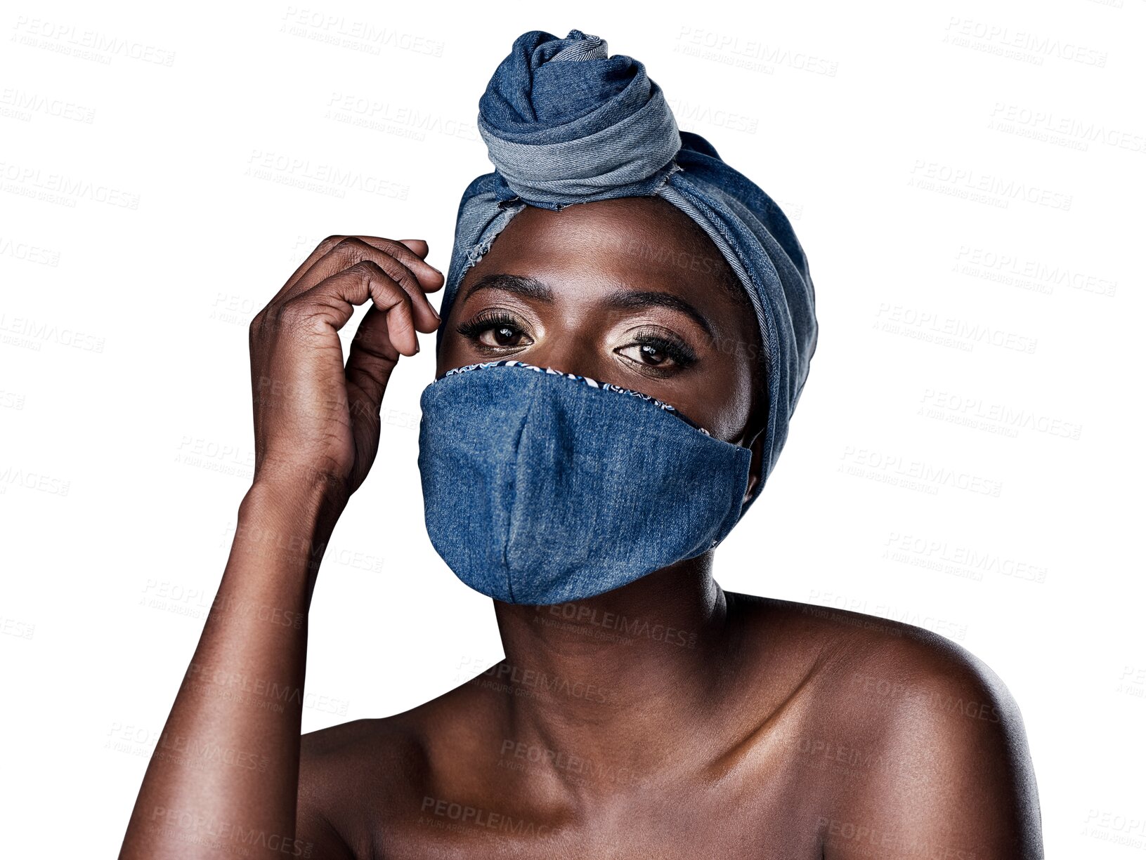 Buy stock photo Portrait, African woman and mask, fashion and denim head wrap with natural beauty on transparent, isolated or png background. Face, style or black person with scarf and cover for hair and health