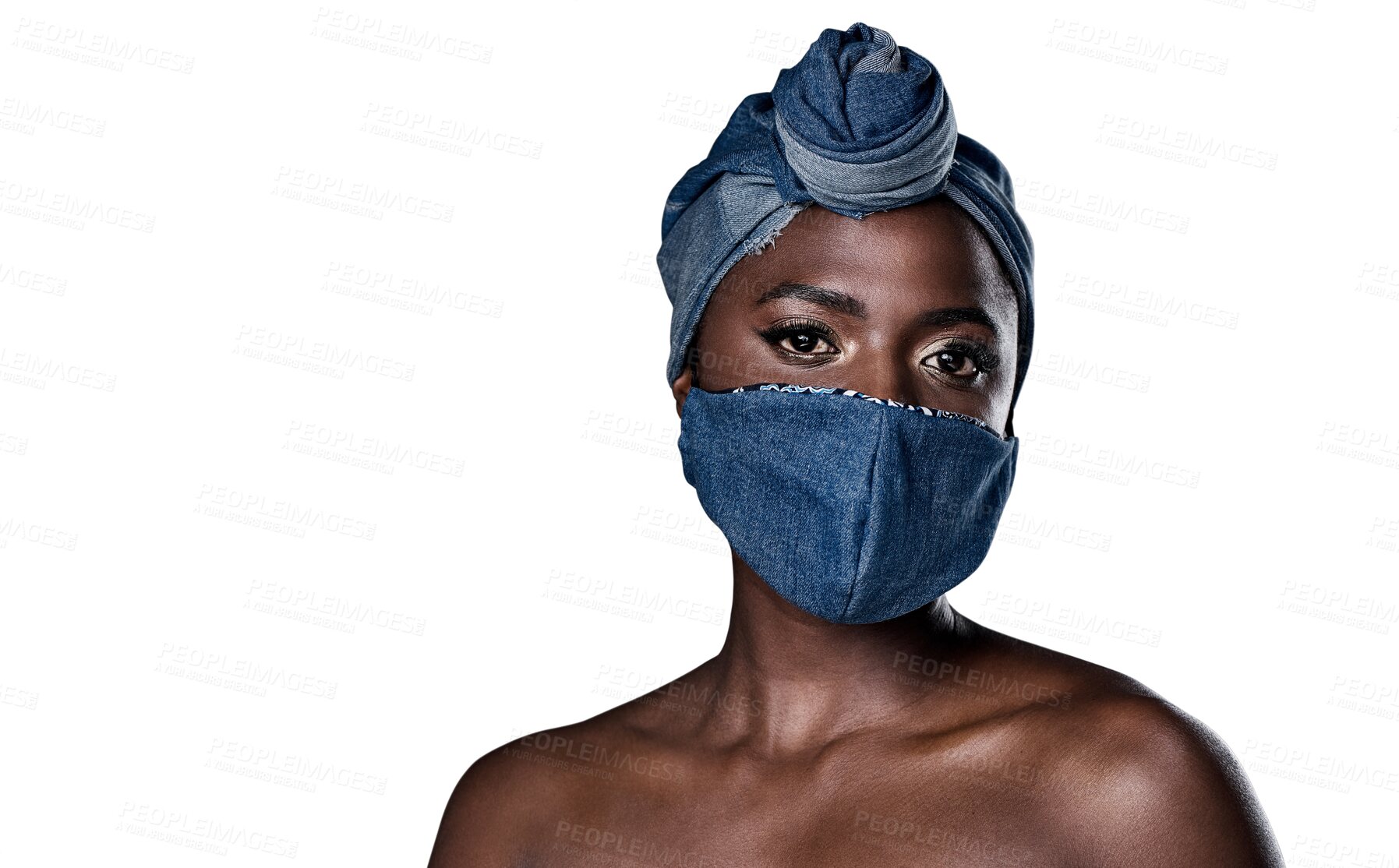 Buy stock photo Fashion, portrait and African woman in a mask, denim and head wrap with natural beauty on transparent, isolated or png background. Face, style or black person with scarf and cover for hair and health