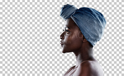 Buy stock photo Head, scarf and young african woman isolated on transparent, png background for trendy fashion. Denim, fabric and profile of person or model with focus and thinking of creative vision and culture