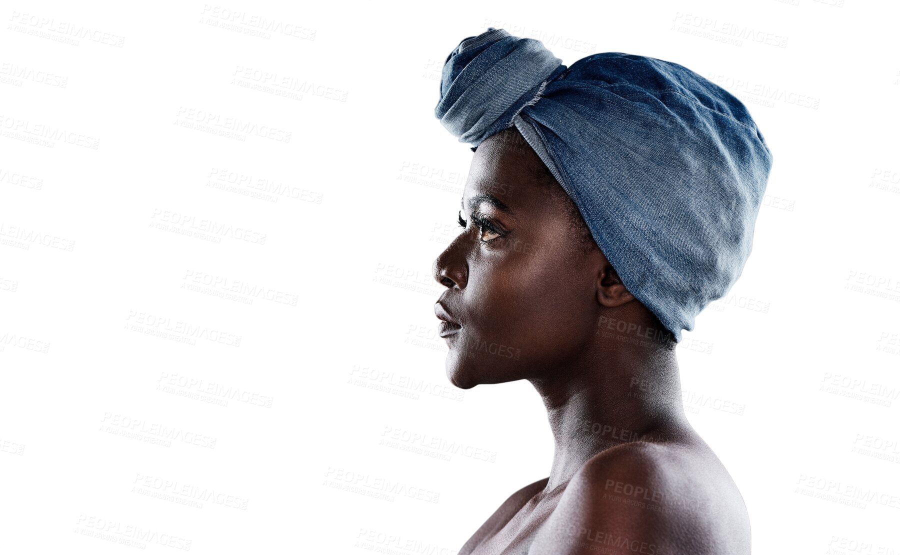 Buy stock photo Head, scarf and young african woman isolated on transparent, png background for trendy fashion. Denim, fabric and profile of person or model with focus and thinking of creative vision and culture