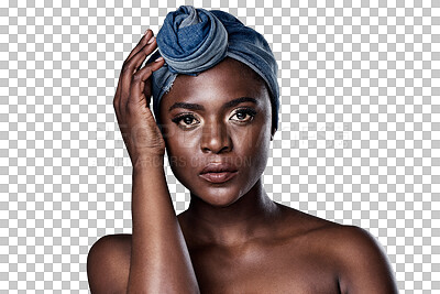 Buy stock photo Portrait, fashion and black woman with beauty, head scarf and confident model isolated on a transparent background. Face, female person and girl with skincare, turban and png with culture and Ghana