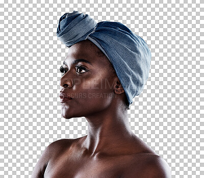 Buy stock photo Thinking, african woman and head scarf isolated on transparent, png background in trendy fashion ideas. Denim, fabric and young person or model with focus, serious and creative vision for her culture