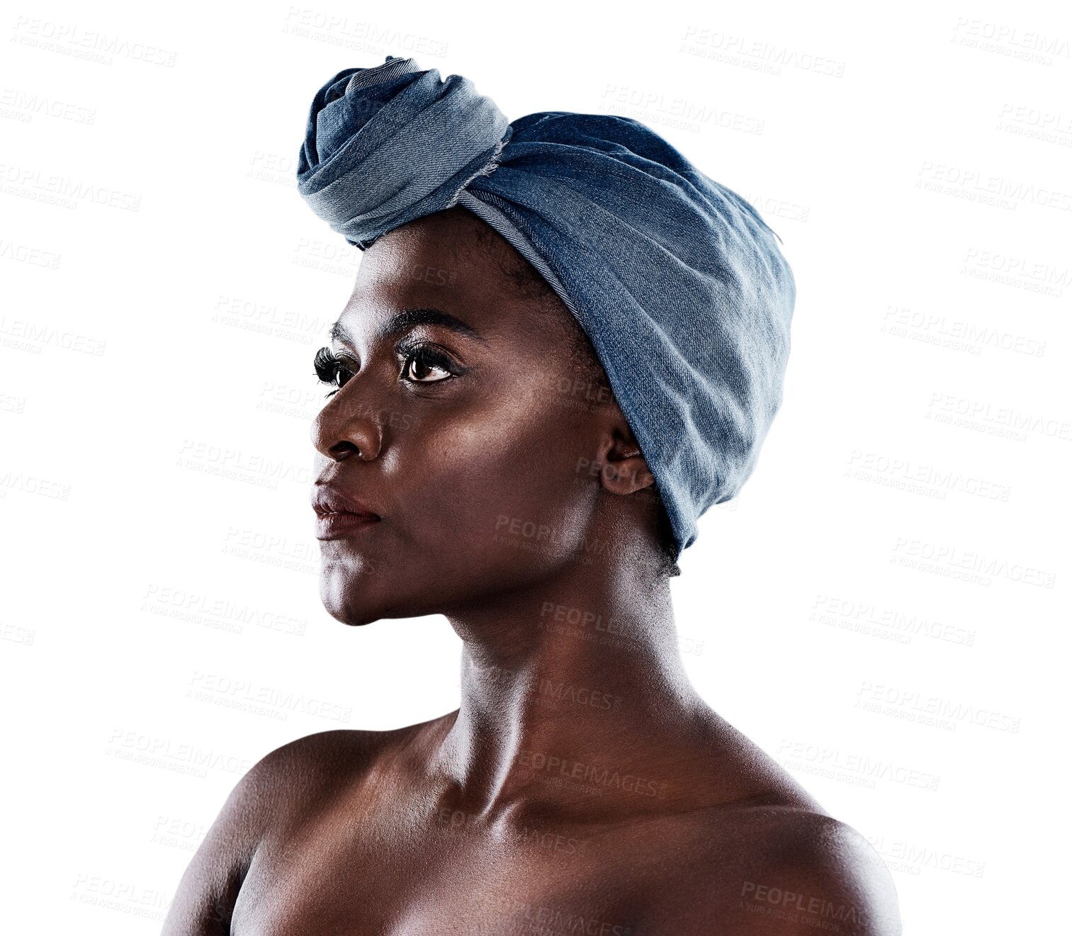 Buy stock photo Thinking, african woman and head scarf isolated on transparent, png background in trendy fashion ideas. Denim, fabric and young person or model with focus, serious and creative vision for her culture