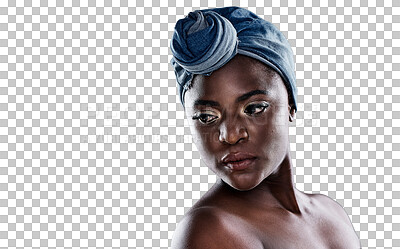 Buy stock photo Beauty, fashion and turban with a black woman of tradition isolated on a transparent background for culture or style. Skincare, natural and head wrap with an attractive young african model on PNG