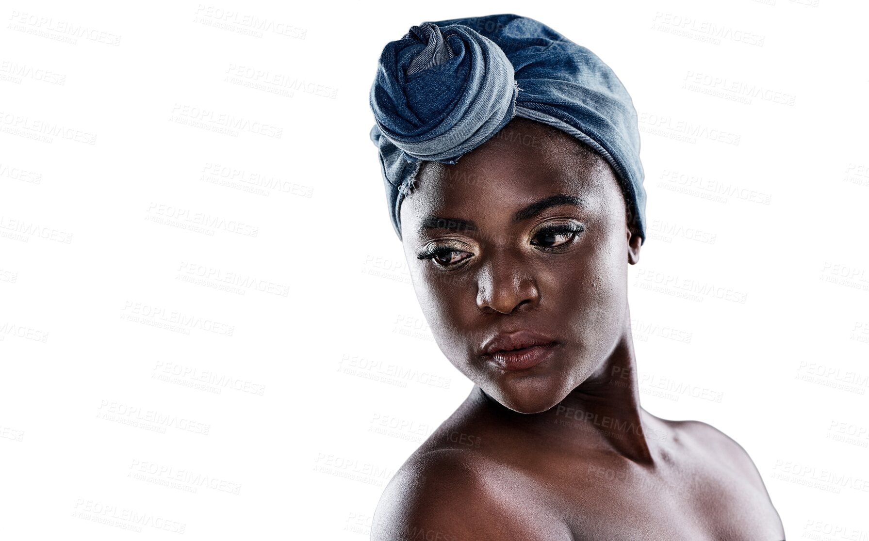 Buy stock photo Beauty, fashion and turban with a black woman of tradition isolated on a transparent background for culture or style. Skincare, natural and head wrap with an attractive young african model on PNG