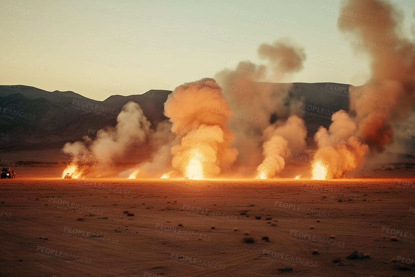 Buy stock photo Bomb, apocalypse and explosion with fire in desert for battle, disaster and armageddon. Catastrophe, crisis and danger with attack with burning clouds for ai generated, smoke and destruction