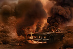 Bomb, apocalypse and explosion with car in desert for battle, fire and armageddon. Catastrophe, crisis and danger with attack with burning vehicle in nature for ai generated, smoke and destruction