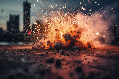 Closeup, apocalypse and explosion on ground in city for battle, fire and armageddon. Catastrophe, crisis and danger with attack with cloud in urban landscape for ai generated, nuke and power
