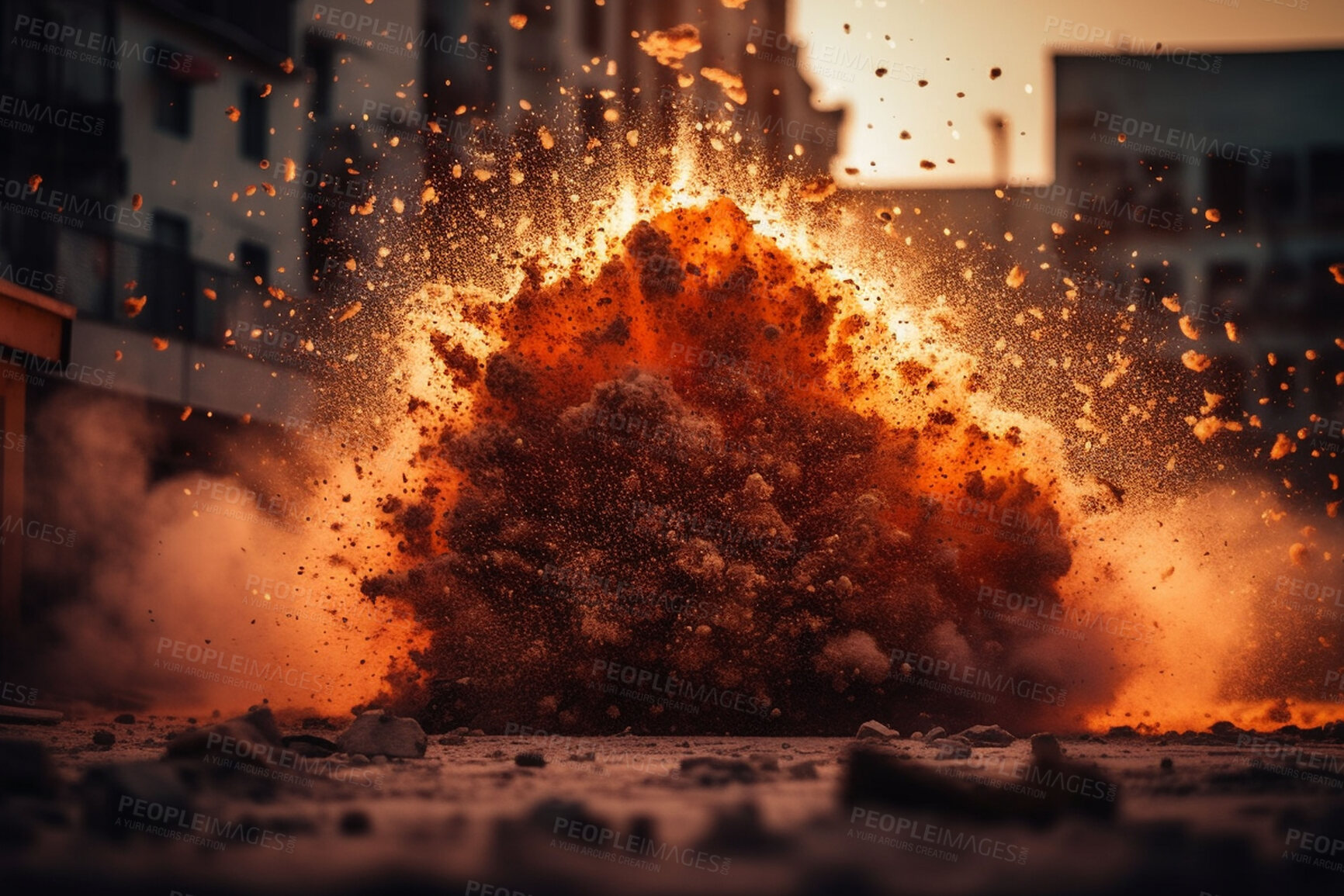 Buy stock photo Architecture, apocalypse and explosion of building in city for battle, fire and armageddon. Catastrophe, crisis and danger with attack with cloud in urban landscape for ai generated, nuke and power