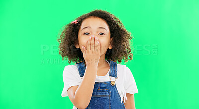 Buy stock photo Portrait, green screen and girl with wow, surprise and announcement on a studio background. Face, happy child and kid with shock, hearing gossip and hand over mouth with omg, excited and mockup space