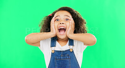 Buy stock photo Excited, portrait and girl child by green screen in a studio with cute, innocent and positive personality. Happy, smile and little kid with confidence and happiness isolated by chromakey background.