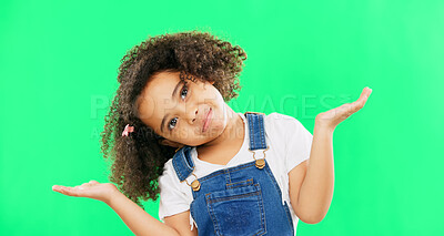 Buy stock photo Green screen, confused and face of girl child in studio with why hands on mockup background. Doubt, questions and portrait of kid model with emoji gesture for asking, puzzled or don't know expression