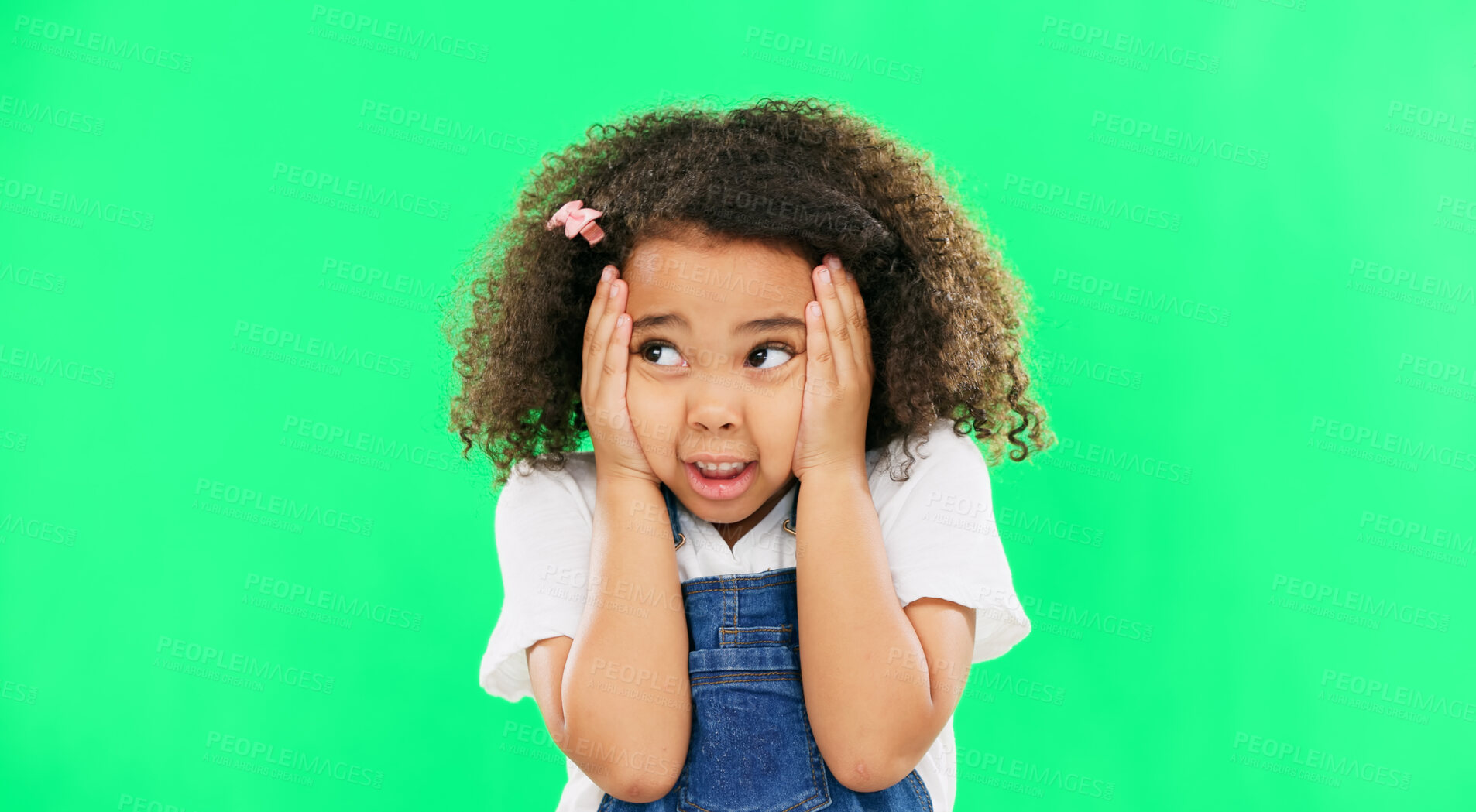 Buy stock photo Fear, green screen and hands on face of girl child in studio with mistake, oops or anxiety on mockup background. Stress, nervous and kid model with oops emoji for fail, wrong or reaction to fake news