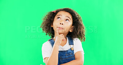 Buy stock photo Girl, thinking and green screen portrait with finger on mouth and idea in mockup with decision. Mexican child, face and planning with question, creative expression and curious in studio background 