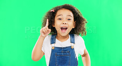 Buy stock photo Green screen, idea and face of girl child with wow solution in studio for problem solving on mockup background. Brainstorming, portrait and excited kid model with aha, eureka or conclusion emoji sign