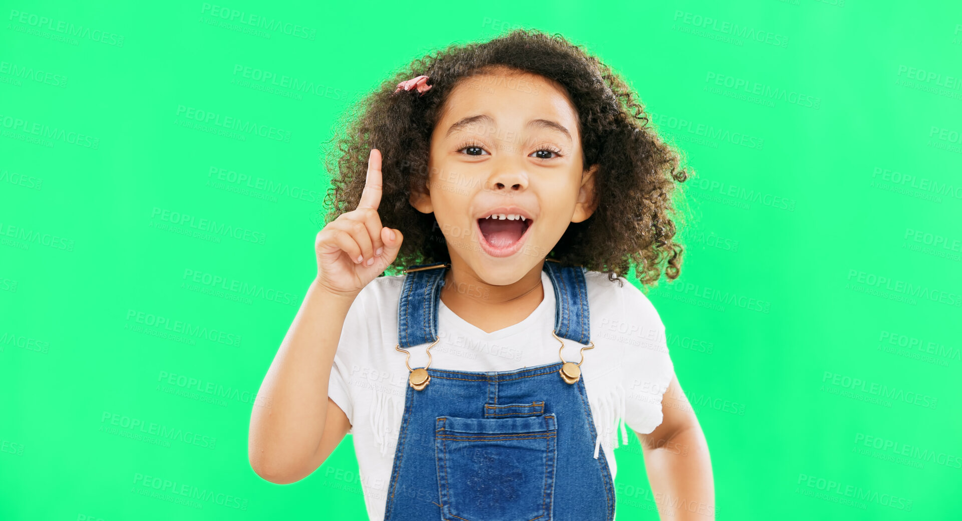 Buy stock photo Green screen, idea and face of girl child with wow solution in studio for problem solving on mockup background. Brainstorming, portrait and excited kid model with aha, eureka or conclusion emoji sign