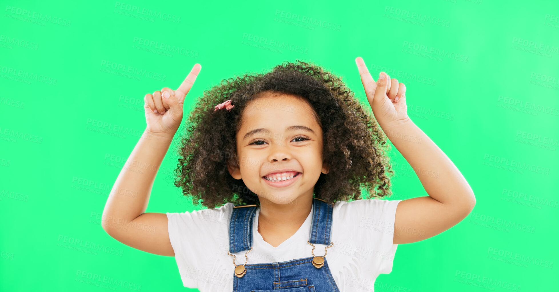 Buy stock photo Girl, hand pointing up and green screen portrait with advertising for product placement and creative with smile. Mexican child, face and happiness with youth for mockup   and studio background 

