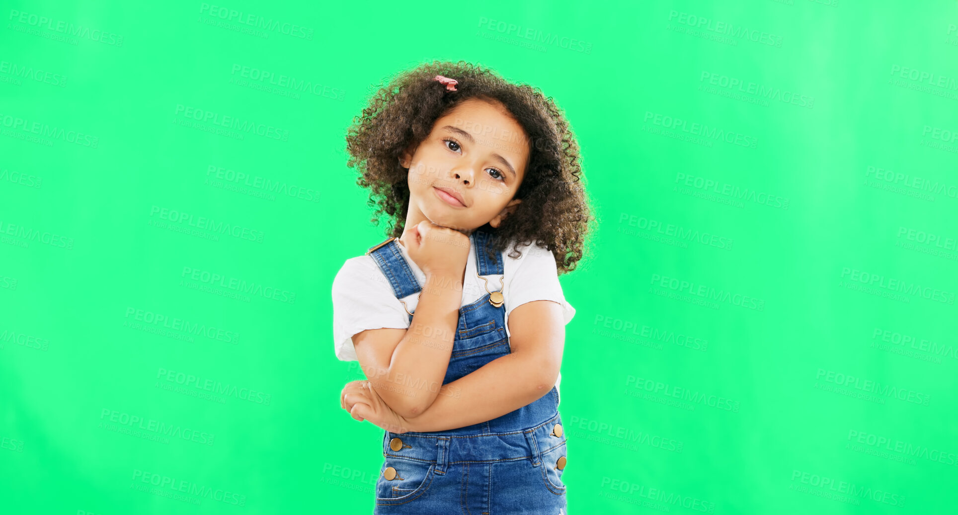 Buy stock photo Thinking, face and girl child in green screen studio brainstorming idea on mockup background. Why, portrait and kid model with questions, solution or asking, emoji or guess, forget or memory gesture