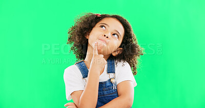 Buy stock photo Thinking, idea and girl child in green screen studio brainstorming against mockup background. Why, face and curious kid with questions, solution or asking, emoji or guess, forget or memory gesture