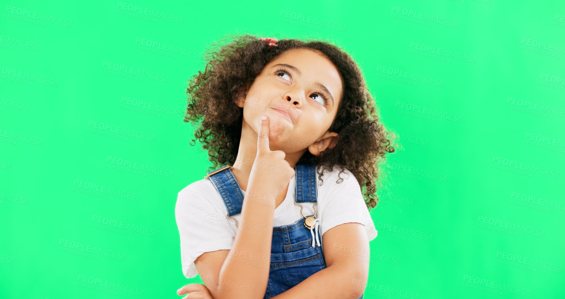 Buy stock photo Thinking, idea and girl child in green screen studio brainstorming against mockup background. Why, face and curious kid with questions, solution or asking, emoji or guess, forget or memory gesture