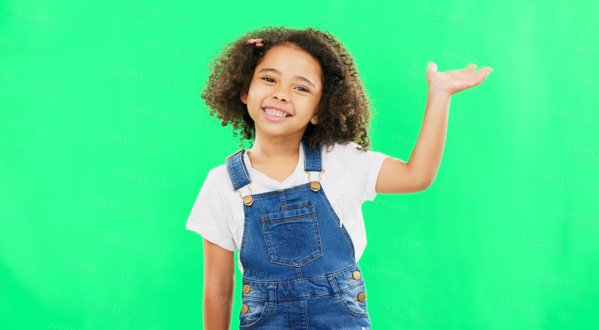 Buy stock photo Happy girl, portrait and palm on green screen in advertising or marketing against a studio background. Female person, child or kid smile showing advertisement, product or notification on mockup space