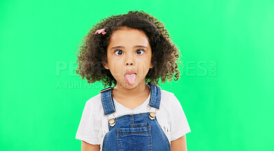 Buy stock photo Face, tongue out and girl child in green screen studio with funny, humor or silly expression on mockup background. Crazy, children and goofy kid model with emoji gesture, game or playful personality 