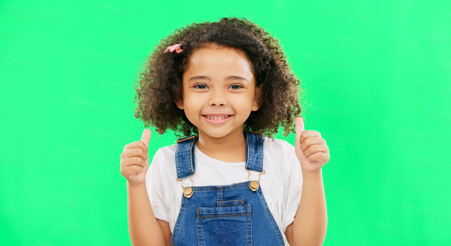 Buy stock photo Green screen, girl kid with thumbs up and smile, agreement with hand gesture and support on studio background. Mockup space, portrait for winning or success, yes and like emoji for review or feedback