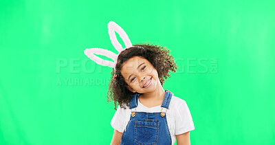 Buy stock photo Green screen, happy and portrait of child with bunny ears for Easter holiday, vacation and celebration. Rabbit, joy and face of young, adorable and cute girl with smile on chromakey studio background