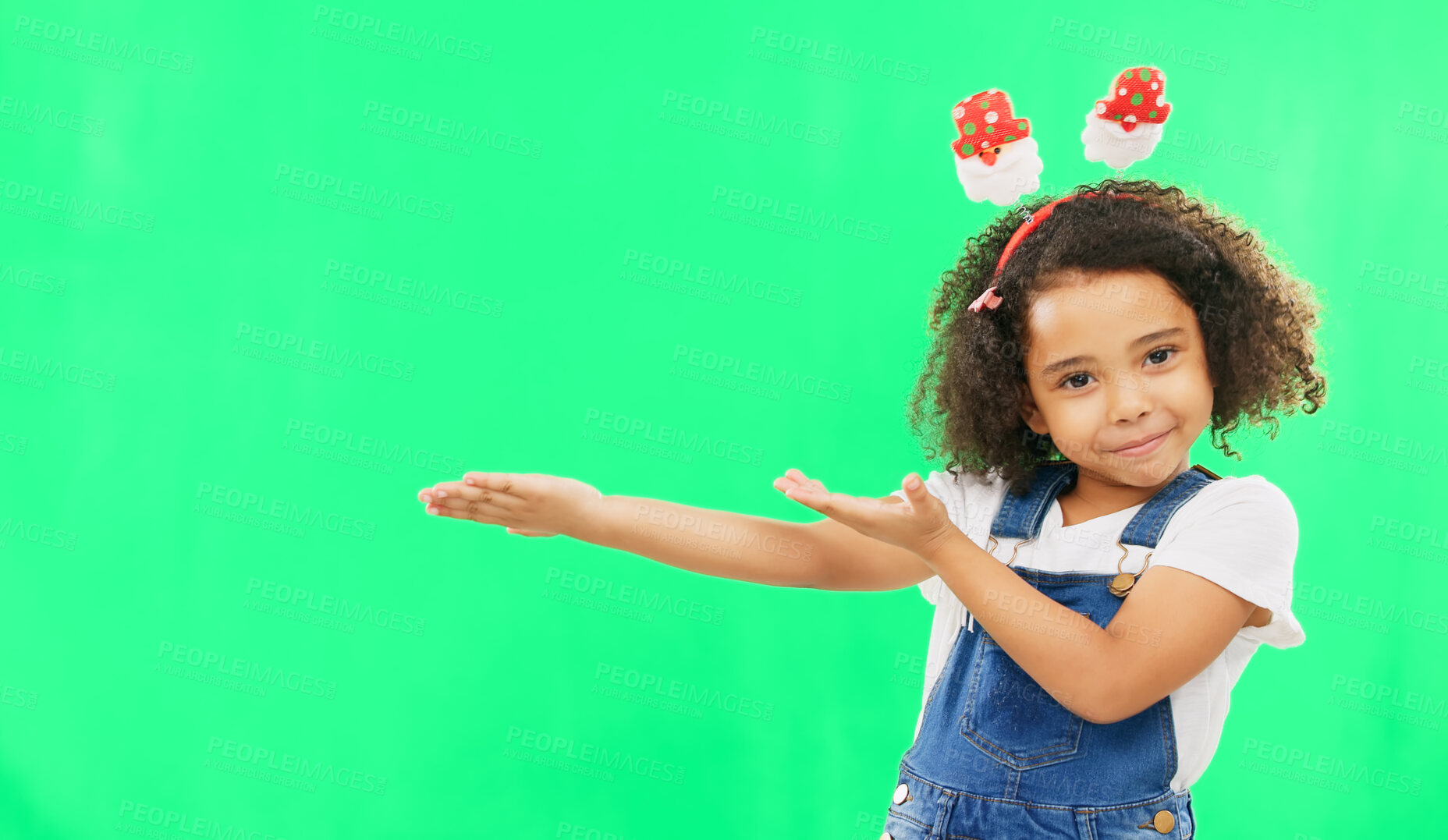 Buy stock photo Green screen, presentation and portrait of child with headband for holiday, vacation and celebration. Christmas ears, joy and face of young girl smile on chromakey studio background for promotion