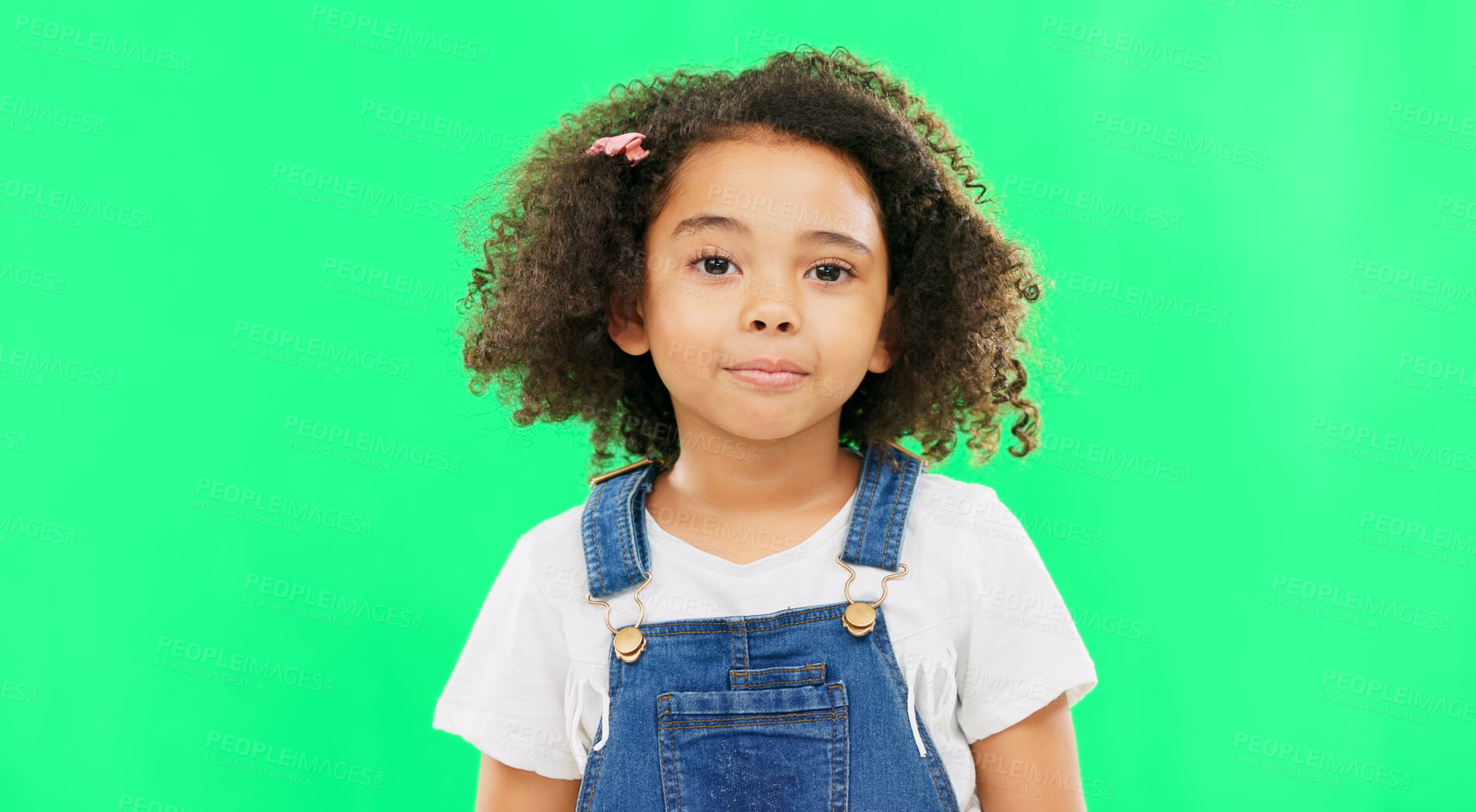 Buy stock photo Raise eyebrow, green screen and face of child on in studio for comic, meme and funny facial expression. Emoji mockup, childhood and portrait of young girl with happiness, humour reaction and excited