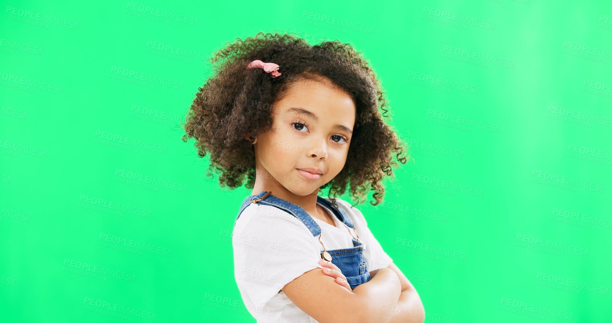 Buy stock photo Face, eyebrows and child on green screen with attitude, arms crossed and confident on mockup background. Portrait, confident and girl with emoji, smirk and expression, looking and posing in studio