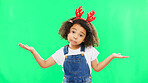 Shrug, green screen and face of a child with a gesture isolated on a studio background. Confused, doubt and a portrait of a girl kid gesturing for choice, decision and indecision with mockup